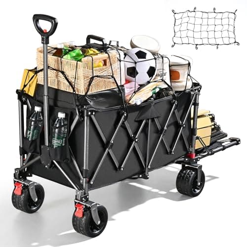 370L Festival Trolley on Wheels, Heavy Duty Folding Wagon, Portable Camping Cart Load up 550LB, Camping Trolley Foldable for Beach Outdoor Garden Shopping Fishing, Rear-Opening Design, Matte Black — view 5
