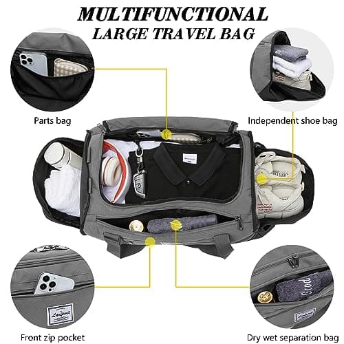 Laripwit Sports Gym Bag for Men, 40L Travel Duffle Bag with Shoe Compartment & Wet Pocket, Lightweight Duffel Bag Backpack Multipurpose Weekend Overnight Sports Holdall for Women, Grey — view 3