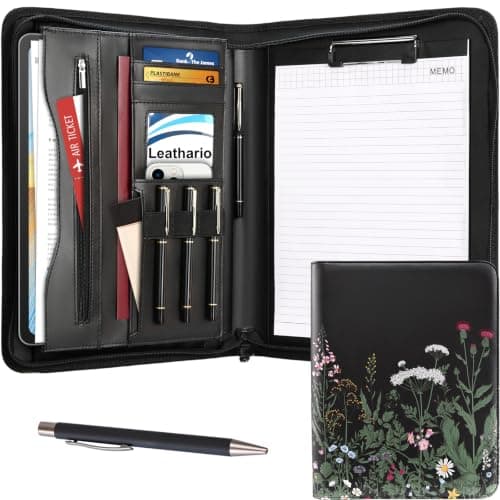 Leathario Portfolio Folder, A4 Conference Folder with Notepad and Pen, Vegan Leather Zipper Padfolio with Pockets for Tablets Notepads Files, Travel Business Portfolio, Planner Document Organizer