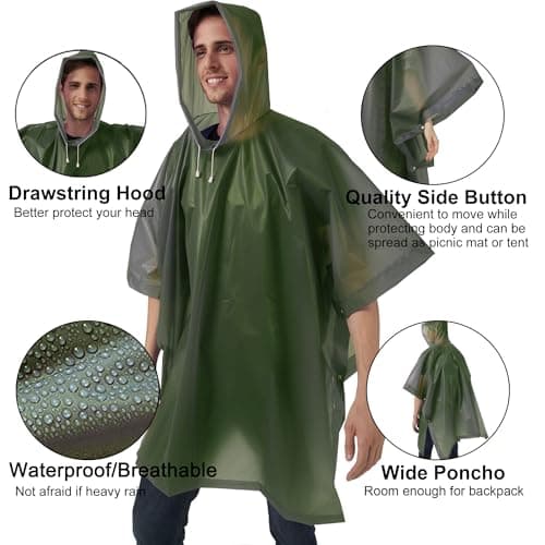 Cosowe Rain Ponchos Waterproof Adults, 2pcs Reusable Raincoats Portable, Family Pack Festival Plastic Coats for Women Men with Sleeves Hood, Green — view 3