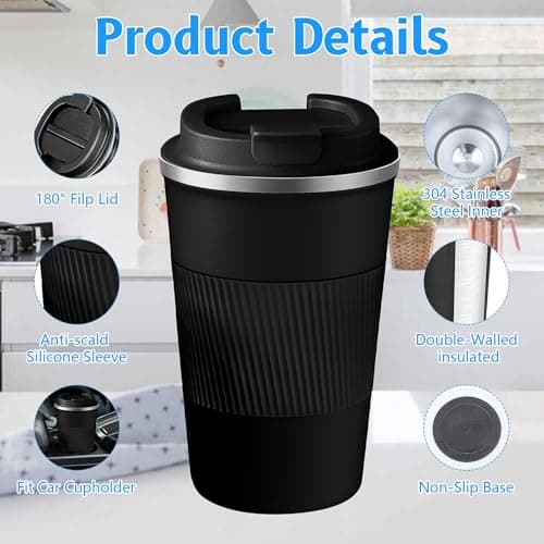 ASMIZ 4 Pack Travel Coffee Cups, 380ml Reusable Stainless Steel Travel Mugs Bulk, Thermal Insulated Vacuum Double Wall Coffee Tumbler for Hot Coffee Tea and Cold Drinks — view 3