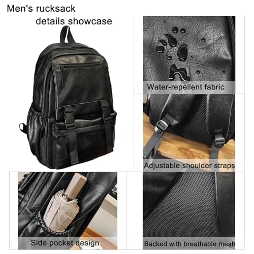 Fuaihui Black Leather Rucksack Men, PU Leather Laptop Backpack for Men, Water-Resistant 15.6 Inch Large Capacity Gothic Business School Travel Rucksack — view 5