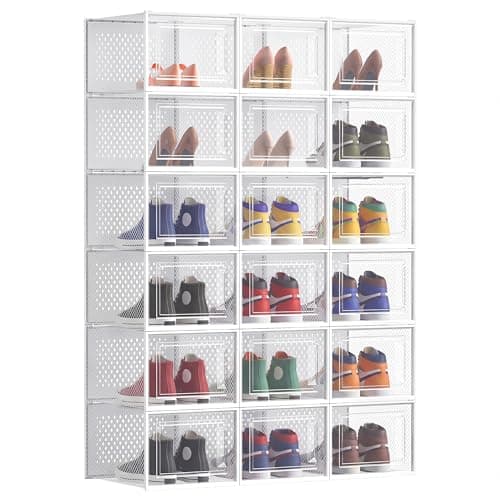 SONGMICS Shoe Boxes, Pack of 18 Stackable Shoe Storage Organisers, Foldable and Versatile for Sneakers, Fit up to UK Size 12, Cloud White LSP18MWT