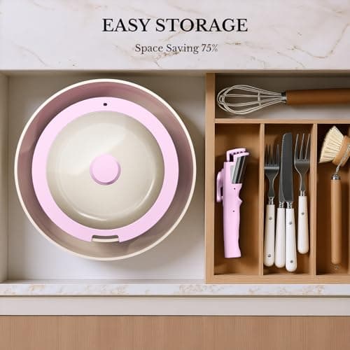 OUBRL Pots and Pans Set Non Stick, Ceramic Cookware Set Detachable/Removable Handles, RV Camping Kitchen Cooking Set, Dishwasher/Oven/Fridge Safe, Induction, Space Saving (Pink-, 5 Piece) — view 3