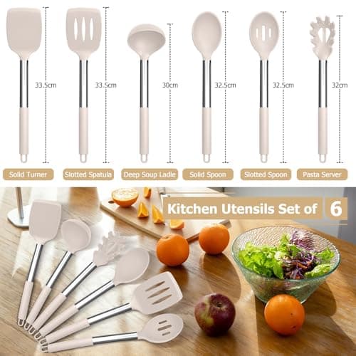 HaWare Kitchen Utensils Set, 6 Pcs Silicone Cooking Utensils with Stainless Steel Handle, Heat Resistant Kitchen Tools for Non-Stick Cookware, Ladle Turner Spoon Pasta Server, Dishwasher Safe - Khaki — view 2