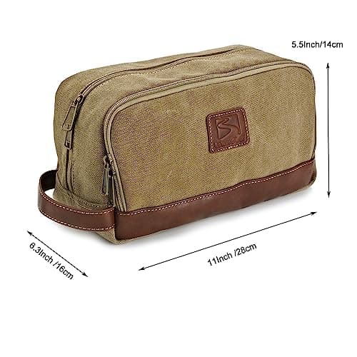 Seemeroad Travel Toiletry Bag for Men and Women, Canvas Toiletry Organizer Water-Resistant Vegan Leather, Hanging Dopp Kit Shaving Bag for Toiletries Accessories (Khaki, Large) — view 3