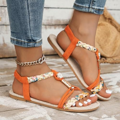 Momolaa Size 5.5 Womens Flat Sandals Wide Width Boho Bohemian Braided Flat Sandals Comfort Walking Beach Ankle Elastic Summer Shoes for Vacation Beach Travel Casual Dressy Orange Sandles — view 3