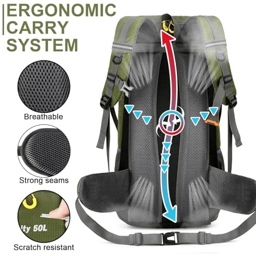 jianyana Hiking Backpack Waterproof 50L Foldable Rucksack Durable Lightweight Camping Bag with Rain Cover for Camping Trekking Hiking Walking Cycling Climbing Outdoor Sports for Women Men(ArmyGreen) — view 6
