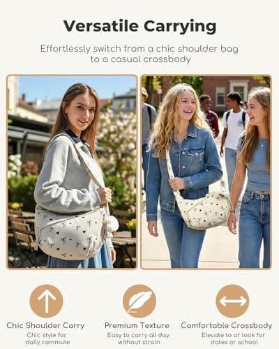 Micmores Corduroy Crescent Bag for Women - Aesthetic Printed Crossbody Moon Bag with Tablet Sleeve, Lightweight Shoulder Sling Purse for School, Travel & Daily Use (Beige-Cherry print) — view 5