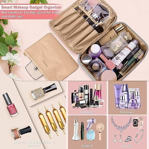 Travel Makeup Bag [with Brushes Holder & Detachable Pouch] Cosmetic Bag Large Capacity Waterproof Makeup Case Storage Organiser for Women & Girls (Grey) — view 2