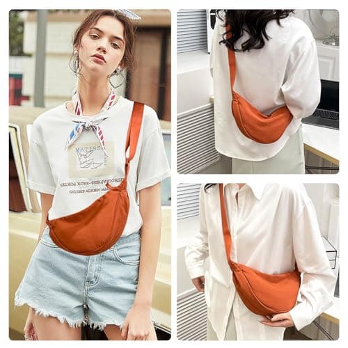GoPaw Crescent Bag for Women, Nylon Half Moon Bag Women Crossbody Bag with Adjustable Strap, Solid Color Dumpling Bag Portable Crescent Purse for Daily Use(Orange) — view 2