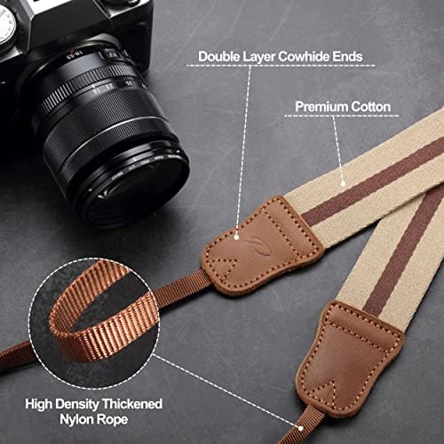 Padwa Lifestyle Beige Brown Stripe Camera Strap - 1.5" Wide Crazy Horse Cowhide Ends Camera Straps for All DSLR Cameras,Universal Adjustable Pure Cotton Woven Strap,Great Gift for Photographers — view 2