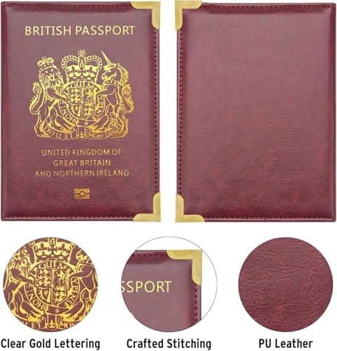 StoneMaxi UK British Passport Holder PU Leather Travel Wallet with Gold Embossed Design (Wine Red) — view 3