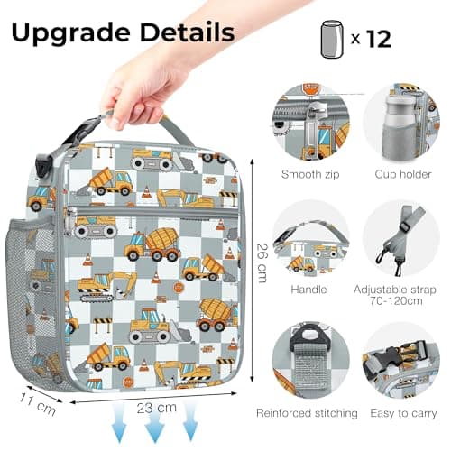 Clastyle Car Insulated Lunch Bag Truck Large Thermal Cooler Bag for Boy Picnic Lunch Box Tote, Engineer Excavator — view 6