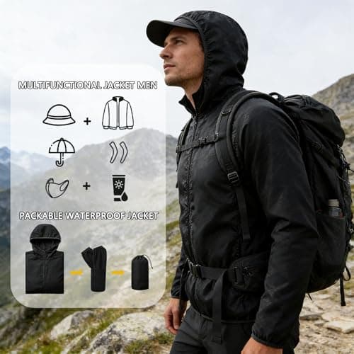 LXEASYGO Men's Lightweight Waterproof Jacket Packable Hooded Rain Jacket Outdoor Sun Protection Windproof Raincoat for Cycling, Running, Hiking (UK, Alpha, M, Regular, Regular, Black-1) — view 6