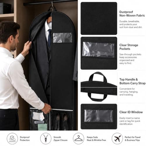 137cm Black Breathable Garment Suit Bag with 10cm Expandable Gusset — view 3