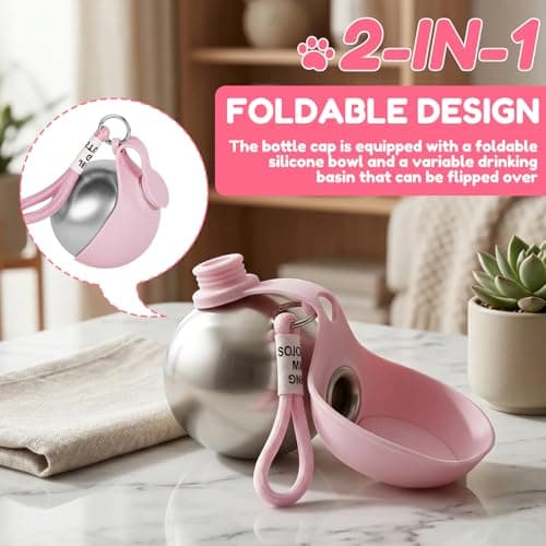 2 in 1 Portable Dog Water Bottle for Walking, 285ML Stainless Steel Bottle with Silicone Bowl, Foldable Leak Proof Dog Water Bottles for Travel Hiking Park Visit (pink) — view 3