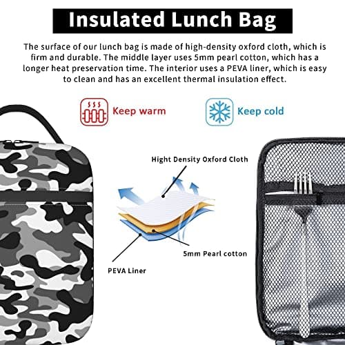 JIMOWANG Black Camo Lunch Bags Reusable Tote Lunch Box for Office Work School Picnic Camping Thermal Insulated Meal Bag — view 5
