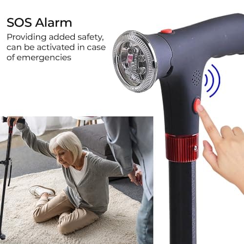 TJC Folding Cane Walking Stick with LED Light & SOS Alarm - Lightweight, Adjustable & Portable with Balancing Quad Base - Mobility Aid for Elderly with Dual Handle & Strap for Carrying - Red — view 2