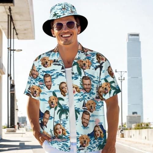 Budelym Personalized Men's Hawaiian Shirts and Shorts Set, Summer Travel Set/Funny Button Down Tropical Floral Beach Set, with Beach Bag/Bucket hat/Flip-Flops — view 2