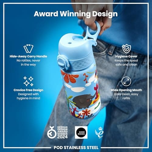 Ion8 Lightweight Steel Kids Water Bottle, 400ml/13oz, Non-Insulated, Leak Proof, Easy to Open, Secure Lock, Dishwasher Safe, Fits Cup Holders, Carry Handle, Metal Water Bottle, Blue, Safari — view 6
