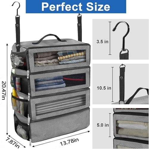 Hanging Compression Packing Cubes, Portable Travel Hanging Organiser, 4-Shelf Foldable Wardrobe Storage, Mesh Packing Cubes for Backpack, Camping, Cruise Essentials(Grey) — view 3