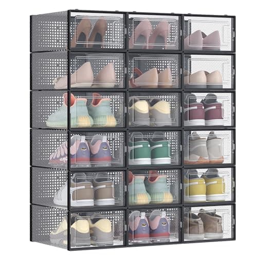 SONGMICS Shoe Boxes, Pack of 18 Stackable Shoe Storage Organisers, Foldable and Versatile for Sneakers, Fit up to UK Size 8, Black LSP18SBKV1