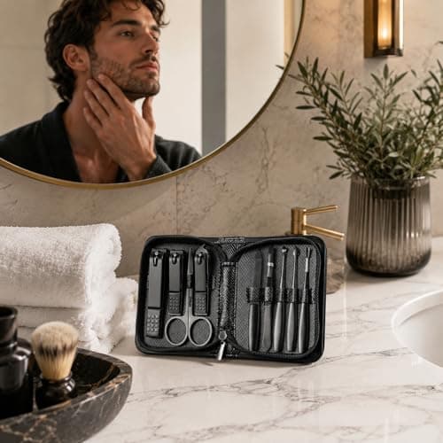 9PCS Mens Nail Grooming Kit, Heavy Duty Stainless Steel Manicure Set with Fingernail & Toenail Clippers, Scissors, Tweezers, Nail File & Cuticle Tools, Compact Leather Case for Travel — view 5