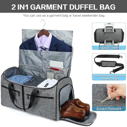 TUGUAN Convertible Garment Duffle Bags for Travel, Carry on Garment Duffel Bag Backpack for Men Women, 3 in 1 Large Suit Travel Bag with Shoe Compartment & Back Straps for Weekend Luggage, Grey — view 5