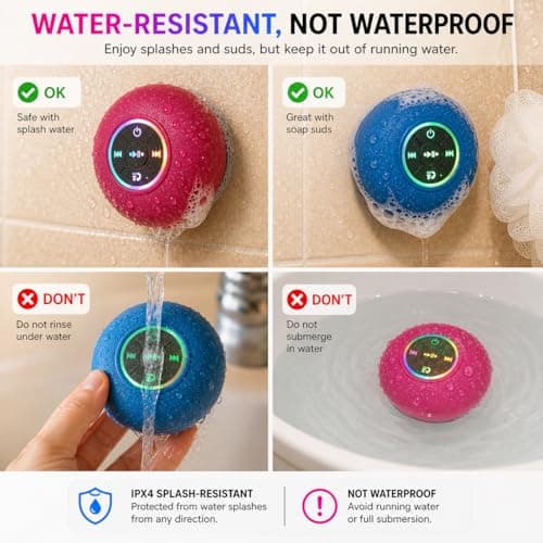 Luzsco Waterproof Bluetooth Shower Speaker with LED – Portable Wireless Mini Speaker with Mic & Suction Cup, IPX4 Water Resistant for Shower, Travel, Pool, River Floating, and Outdoor Fun (Plum) — view 6