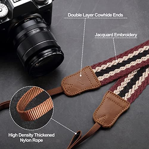 Padwa Lifestyle Stripes Camera Strap - 1.5" Crazy Horse Cowhide Head Soft Cotton Rope Weave Camera Straps for Photographers and All Cameras,Cute Adjustable Vintage Woven Strap for Adults & Kids — view 4