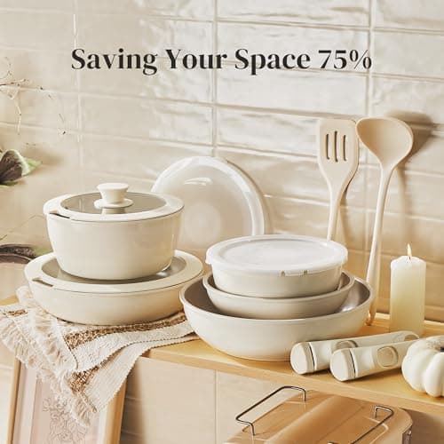 Redchef 16pcs Ceramic Pots and Pans Set Non Stick, Nonstick Kitchen Cookware Set with Detachable Handle, PFAS PFOA & PTFE Free, RV Ceramic Cookware Set for Camping, Oven Safe（Beige White — view 6