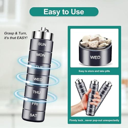 Metal Pill Organizer Weekly,Stackable Waterproof Travel Pill Box,Travel Hiking 7 Day Pill Box Case,Date Display,Large Compartment to Hold Pills, Vitamins,Fish Oil, Supplements (Blue) — view 4