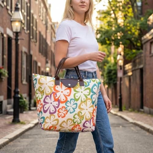 NIFTYY Foldable Zipper Tote Bag for Women – Waterproof Reusable Shopping Bag, Portable Travel Beach Gym Bag with Pocket, Compact Foldable Handbag for Grocery, Travel, Holiday, Pool (colorful) — view 3
