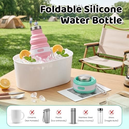 Huiguli 2-Pack Collapsible Water Bottle 475ml, Silicone Foldable Portable Bottle with Stainless Steel Lid, Reusable Leak-Proof for Travel Hiking Camping, Pink+Blue — view 5