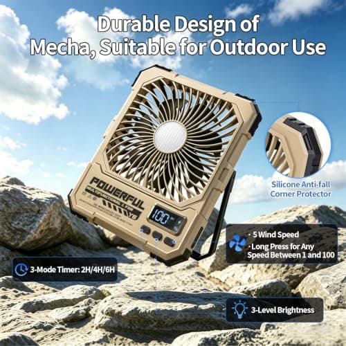 yAyusi 20000mAh Rechargeable Camping Fan, Ultra-Slim 8" Battery Powered Portable Travel Fan with Light&Remote, Maximum Battery Life of 82 Hours, Hook for Tent, Outdoor Home (Khaki) — view 5