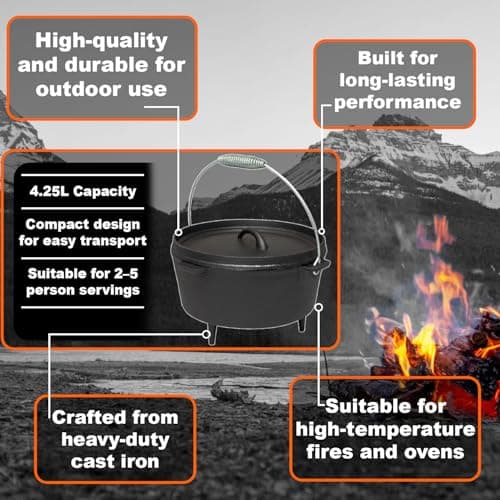 Andes Cast Iron Dutch Oven & Steel Tripod with Hanging Chain & Hook, Camping/Travel Cooking Casserole Pot, Folding/Portable — view 6