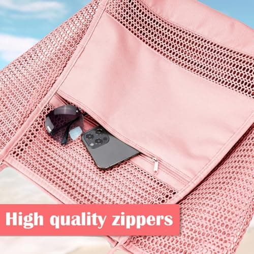 HUANYO Mesh Tote Bag, 23 Litre Beach Bag Extra Large Tote Bags for Women with Zip Pocket, Summer Shopping Bags Reusable for Picnic Holiday Travel Grocery (pink) — view 5