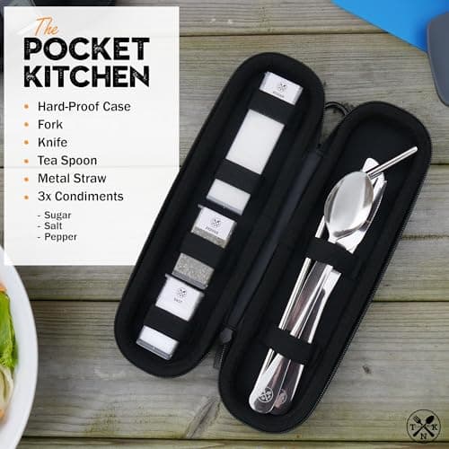 The Nomads Kitchen Portable Cutlery Set with Case | Reusable Stainless Steel Knife, Fork, Spoon & Straw + Salt, Pepper & Sugar | Camping Cutlery Set for Travel, Work, Hiking & Outdoor Eating — view 2
