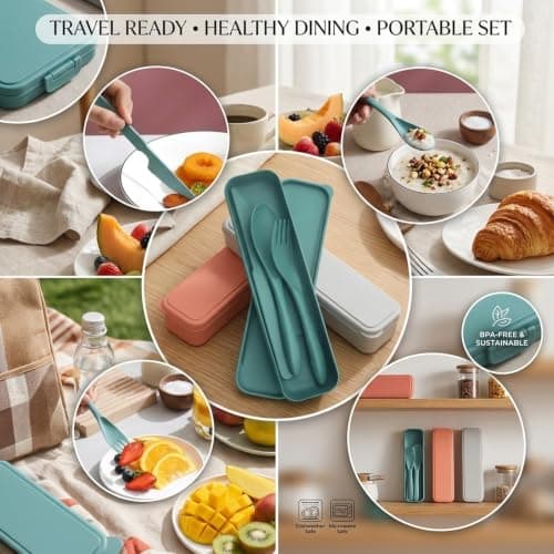Alriedy 2 Sets Travel Cutlery Set Portable Camping Utensils Set, Eco-Friendly Wheat Straw Reusable Knife Fork Spoon with Case – Lightweight Durable Cutlery for Picnic, School, Office & Outdoor — view 4