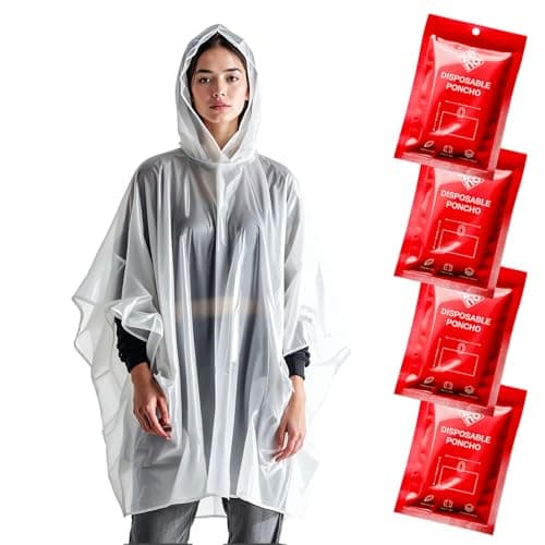 ZENO Rain Poncho Waterproof Adult - Festival Poncho - Waterproof, Disposable, Clear with Hood - Emergency Rain coat for Hiking, Cycling, Camping, Concert - Pack of 4 - Red Rush Edition