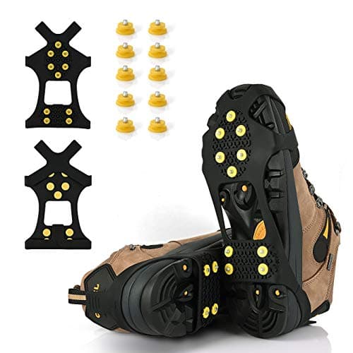 Ice Cleats, Ice Grips Traction Cleats Grippers Non-Slip Over Shoe/Boot Rubber Spikes Crampons with 10 Steel Studs Crampons + 10 Extra Replacement Studs (Small, Black)