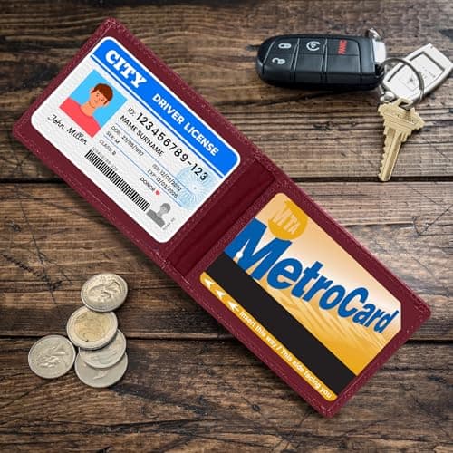 ALLEN & MATE 100% Leather Travel Card Holder - Slim Minimalist Wallet for Travel Bus Pass ID License Oyster Card for Men & Women (Maroon Premium) — view 3