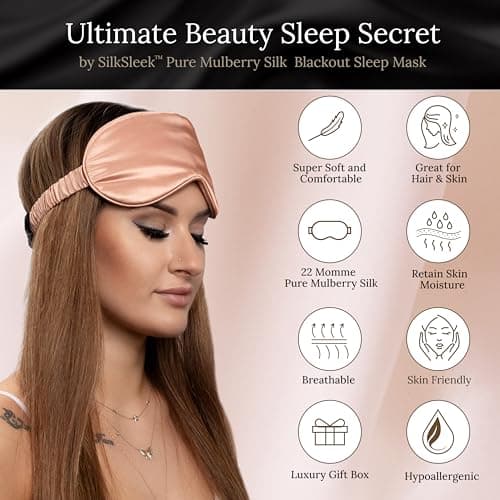 SILKSLEEK Eye Mask for Sleeping, 22 Momme Pure Mulberry Silk Sleep Mask Filled with 100% Pure Silk, Travel Essentials, Super Soft & Comfortable Blackout Eye Mask in Gift Box… (Rose Gold) — view 2