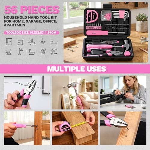 Pink Tool Kit : DEKO 56 Piece Small Mini Tool Box with Essential Hand Tools, Easy Storage for Drawer, Home DIY Tool Set Perfect as Gift — view 3