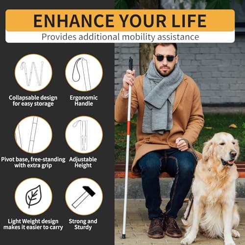 Blind Stick, 135cm/53in White Cane, Aluminium Alloy Folding Walking Stick Reflective Walking Cane Red White Collapsible Guide Walking Stick with Strap for The Blind And Vision Impaired — view 5