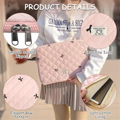 Flintronic 14In Laptop Sleeve, Cute Floral Quilted Laptop Case, Bow Quilted Lap-top Carrying Case, Portable Puffer Padded Lap-top Sleeve, Compatible with MacBook, Asus, Dell, HUAWEI — view 3