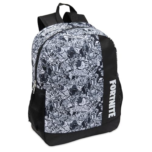 Fortnite Kids Backpack – Black & White Graffiti School Rucksack with Bottle Holders – Official Licensed, 42 x 32 x 12 cm