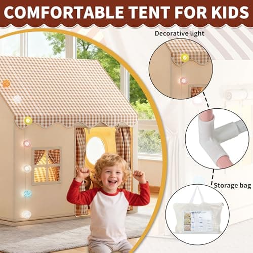 FREEAMG Kids Play Tent with Multi-Coloured Ball Lights & Storage Bag Khaki — view 4