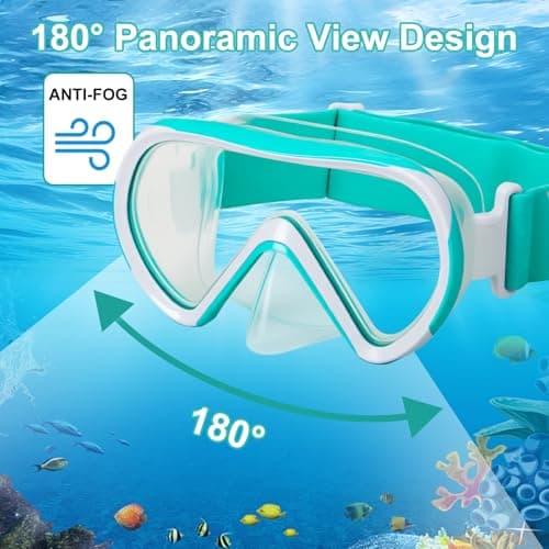 HIKOTEY Kids Snorkel Mask with Elastic Fabric Strap,180°Panoramic View Diving Mask With Tempered Glass Lenses,Anti-fog, Anti-leak Technology, Swimming Goggles Kids with Nose Cover for Age 4-16 Years — view 4